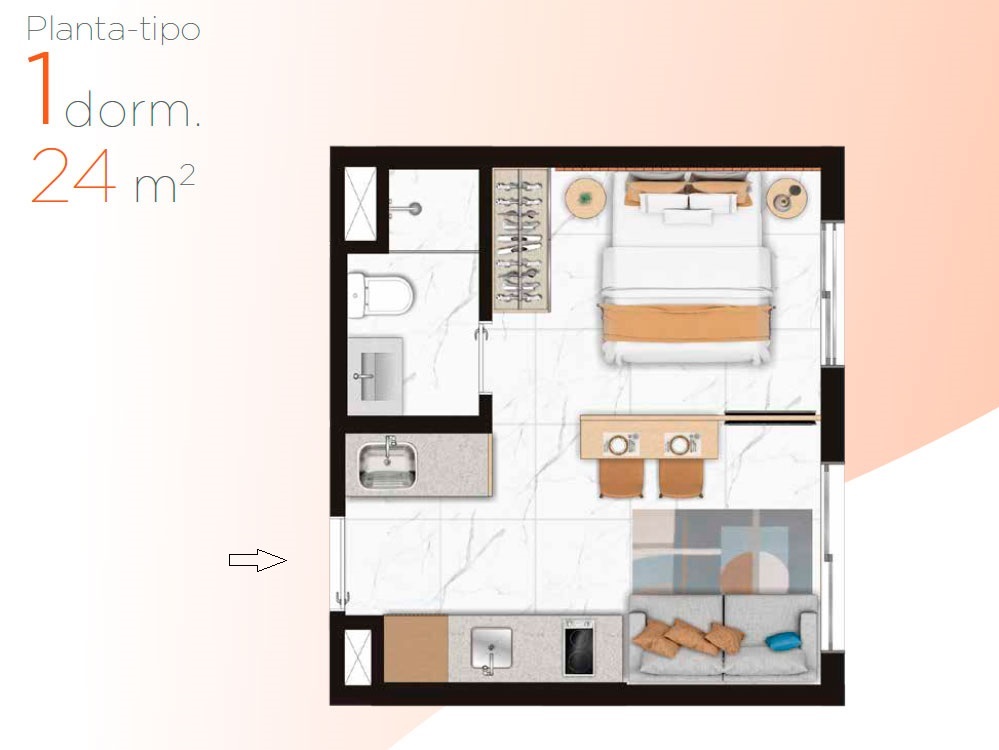 Planta - Apartamento Pompeia, Studio, 1 dormitorio, 24m², lazer cobertura, novo à venda em São Paulo, Pompéia, zona oeste - SBRX