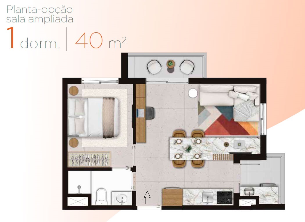 Planta - Apartamento Pompeia, com 2 dormitorios, terraço, 40m², lazer cobertura, novo à venda em São Paulo, Pompéia, zona oeste - SBRX