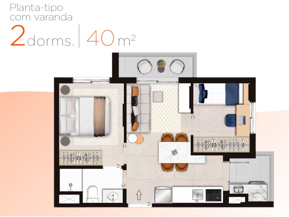 Planta - Apartamento Pompeia, com 2 dormitorios, terraço, 40m², lazer cobertura, novo à venda em São Paulo, Pompéia, zona oeste - SBRX