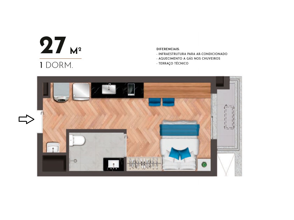 Planta - Chacara Klabin, Apartamento Studio, 1 dormitório, terraço, Lazer exclusivo diferenciado. Proximo metro Klabin. Novo, venda, São Paulo - SBRX