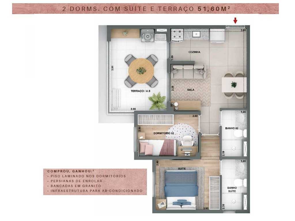 Planta - Vila Carrão. Apartamento de 2 dormitórios, suíte, terraço e vaga, 52m². Ao lado da Estação Metro. Lazer completo Terreo e Cobertura. Zona Leste. - SBRX