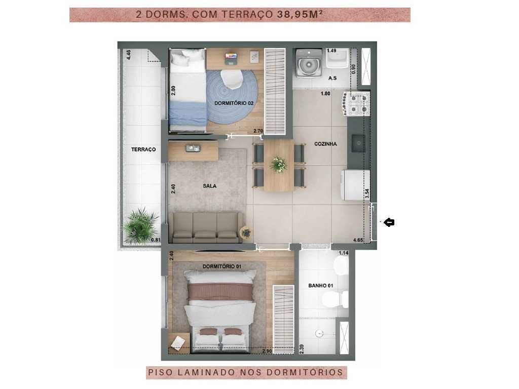 Planta - Vila Carrão. Apartamento de 2 dormitórios, terraço, 39m². Ao lado da Estação Metro. Lazer completo Terreo e Cobertura. Zona Leste. - SBRX