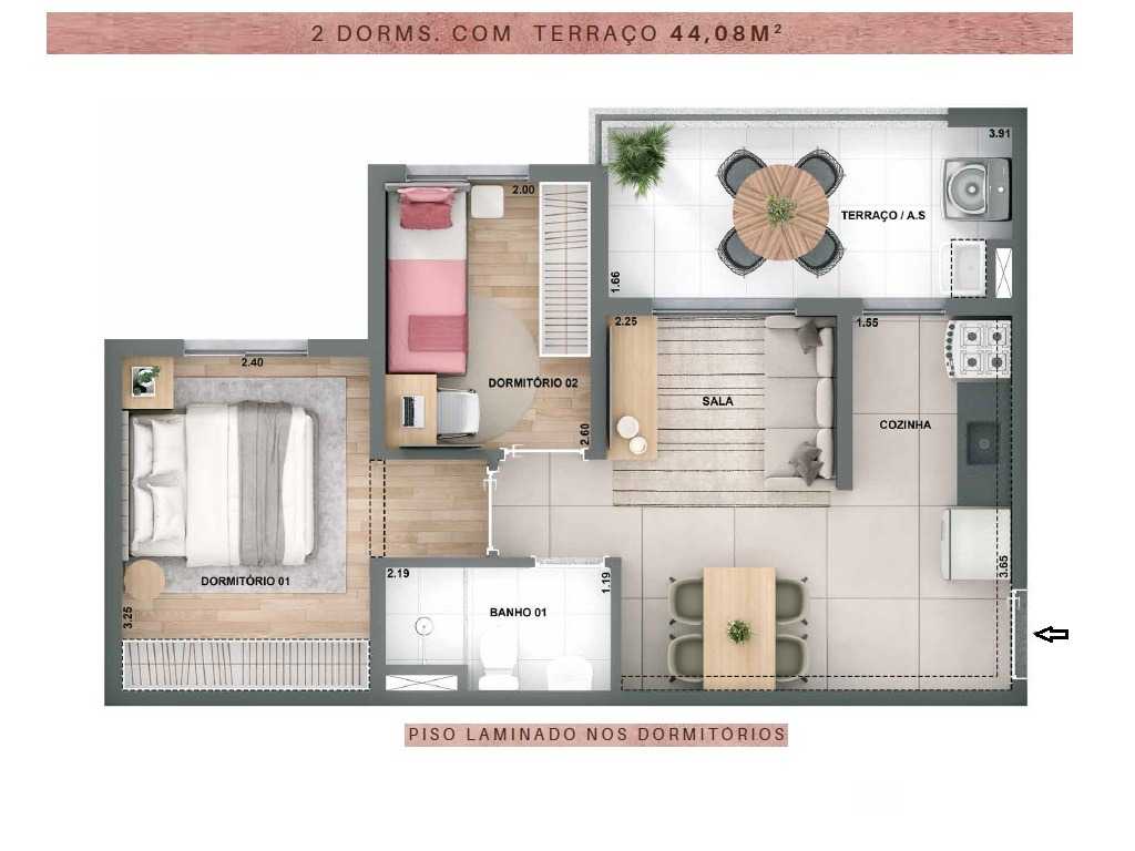 Planta - Vila Carrão. Apartamento de 2 dormitórios, terraço, 44m². Ao lado da Estação Metro. Lazer completo Terreo e Cobertura. Zona Leste. - SBRX