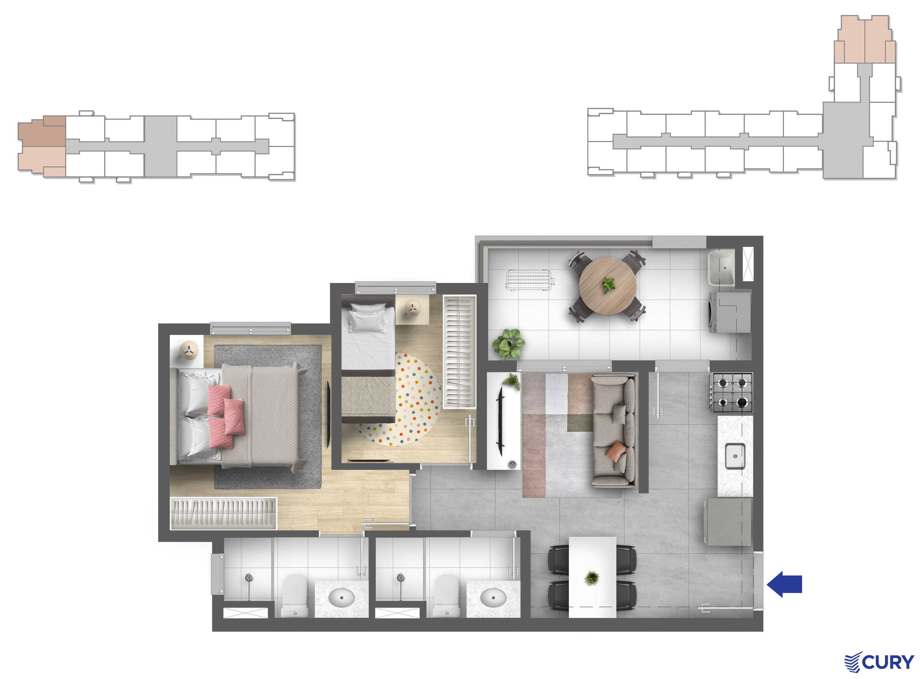 Planta - Apartamentos 2 Dorms suíte, terraço e vaga. 45m². Lazer no Terreo e Cobertura. Agua Branca, Estação Santa Marina. Financiamento Caixa - SBRX