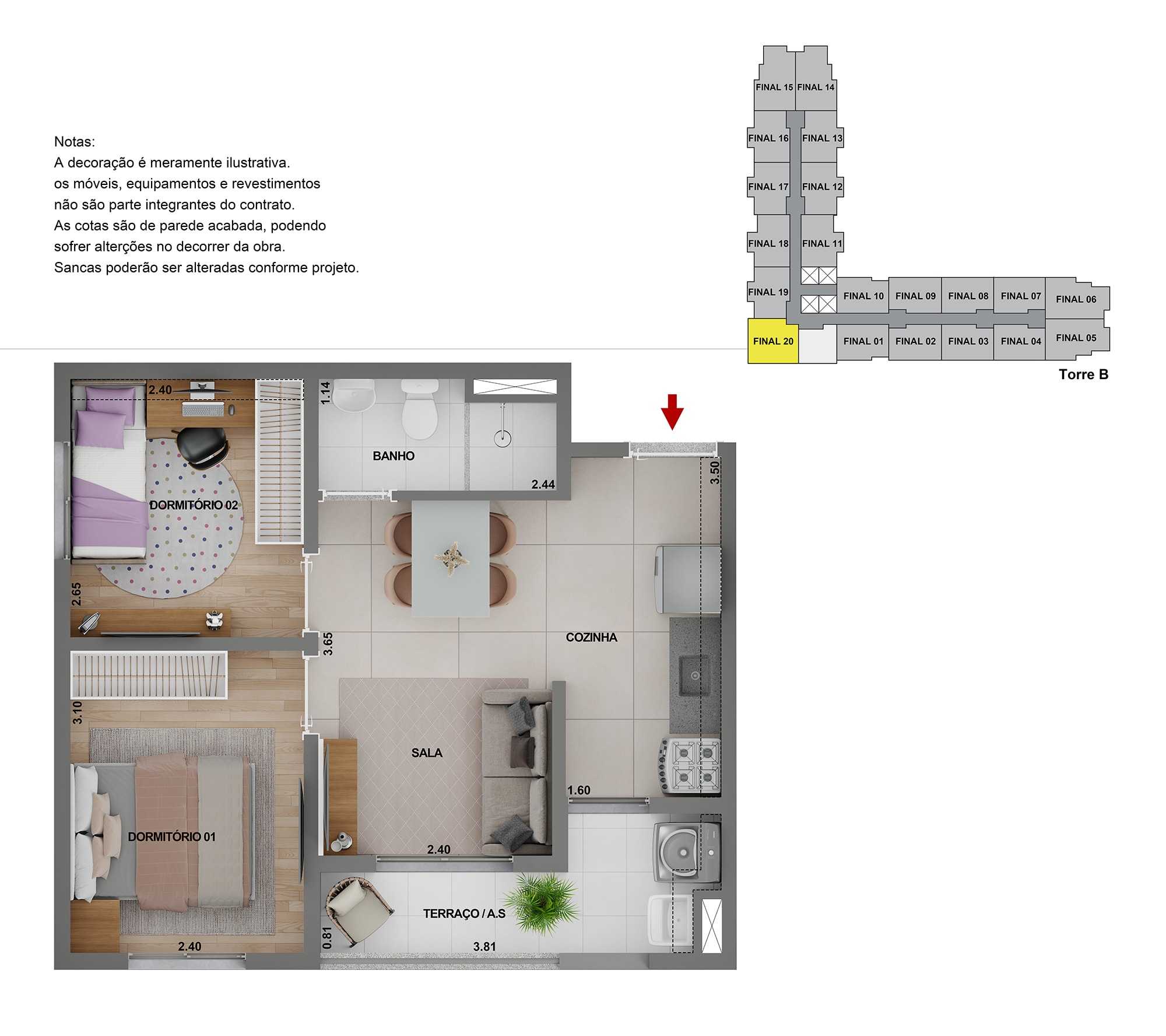 Planta - Bom Retiro. Apartamento 2 Dorms e Terraço. 41m². Lazer Terreo e Cobertura. Financiamento Caixa. Ao lado Futura Estação Bom Retiro - SBRX