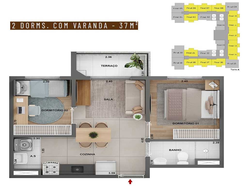 Planta - Apartamento 2 Dorms, Terraço, 37m, Lazer. Ao lado Estação Granja Julieta. Chacara Santo Antonio, zona Sul - SBRX