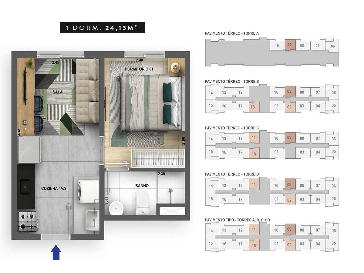 Planta - Apartamento 1 Dorm, Suite, 24m, Lazer, zona oeste, Jaguare ao lado da USP, Financiamento Caixa, Minha Casa Minha Vida - SBRX