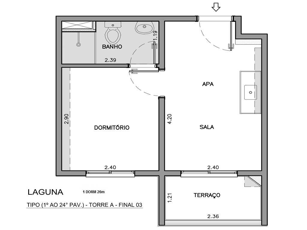 Planta - Chacara Santo Antonio, Apartamento, venda 1 dormitório suite, tipo Studio 26m, lazer completo. Financiamento Caixa Minha Casa Minha Vida - SBRX