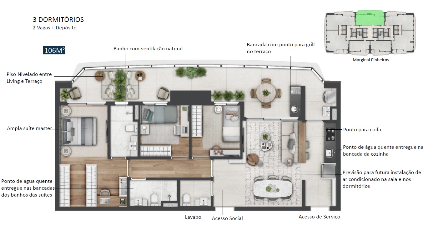 Planta - Apartamento 3 dormitorios, suites, amplo terraço e vagas. 106m², zona sul à venda em São Paulo, Parque Global - SBRX