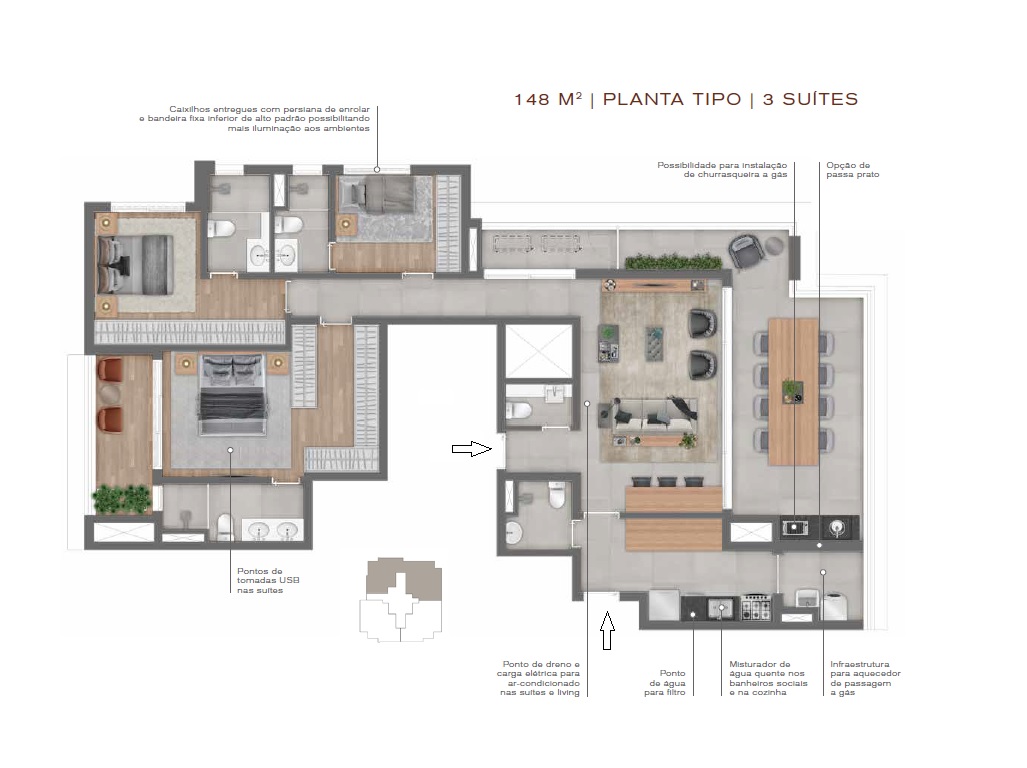 Planta - Apartamento 3 dormitorios, sendo 3 suites, 2 terraços e vagas. 148m². Novo à venda, Metro Vila Madalena. Vila Madalena, Pompeia. - SBRX