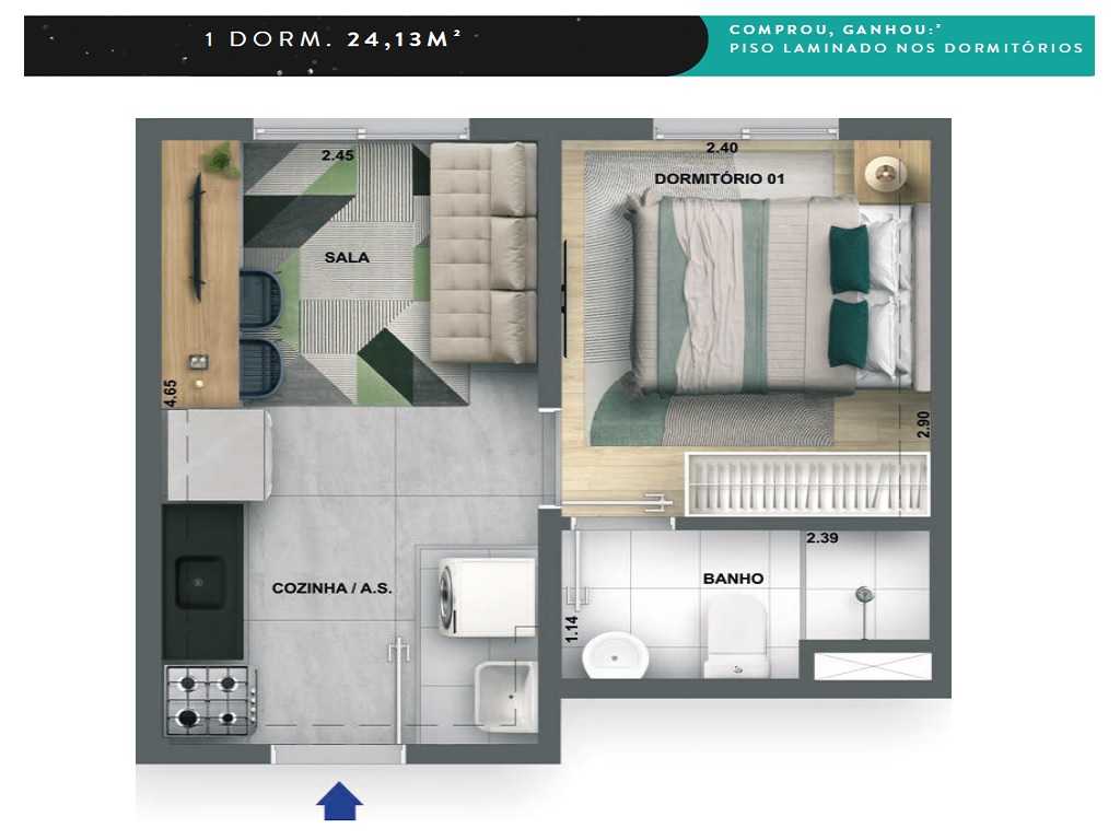 Planta - Apartamento 1 Dorm, Suite, 24m, Lazer, zona oeste, Jaguare ao lado da USP, Financiamento Caixa, Minha Casa Minha Vida - SBRX