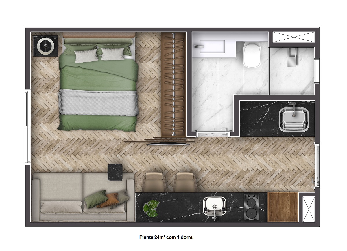 Planta - Apartamento, pronto para morar, Studio, 1 dormitorio, 25m², Vila Olimpia, novo, à venda em São Paulo, Vila Olímpia. - SBRX