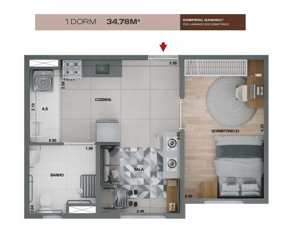 Planta - Bom Retiro. Apartamento 2 Dormitorios. 34m². Lazer Terreo e Cobertura. Financiamento Caixa. Ao lado Futura Estação Bom Retiro - SBRX