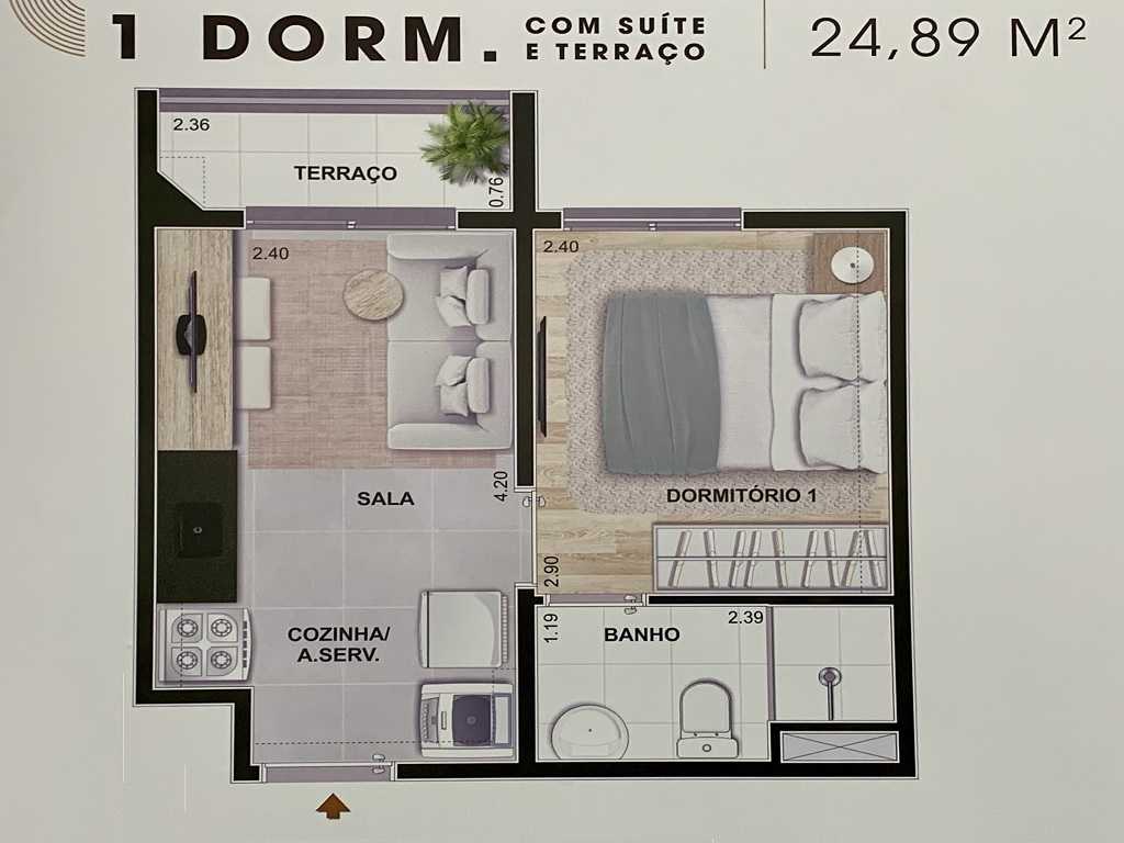 Planta - Apartamento 2 Dorms Suite e Terraço. 25m. Tipo Studio. Venda, Zona Oeste, Vila Romana, Pompeia,São Paulo. Proximo Metro  e Financiamento Caixa - SBRX