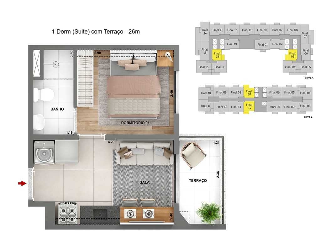 Planta - Chacara Santo Antonio, Apartamento, venda 1 dormitório suite, tipo Studio 26m, lazer completo. Financiamento Caixa Minha Casa Minha Vida - SBRX