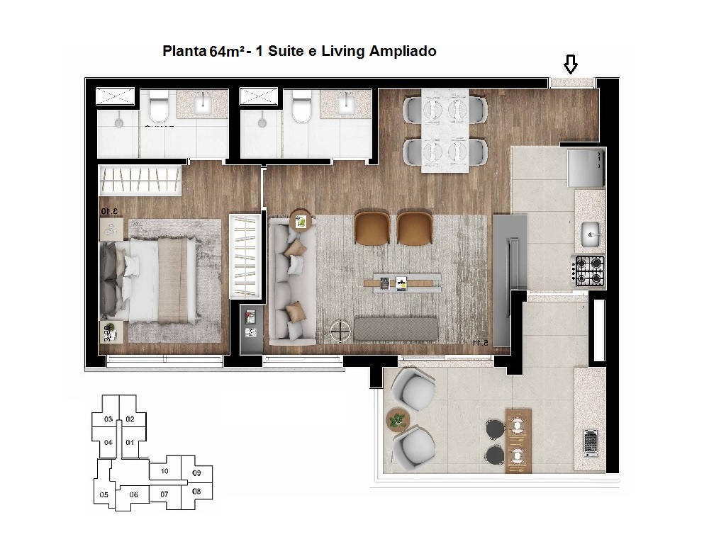 Planta - Apartamento com 1 suite, terraço e vaga. Novo, à venda em São Paulo, Moema. Estação Metro Eucaliptos. Shopping Ibirapuera. - SBRX
