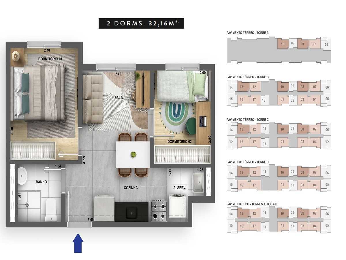 Planta - Apartamento 2 Dorms, 32m, Lazer, zona oeste, Jaguare ao lado da USP, Financiamento Caixa, Minha Casa Minha Vida - SBRX