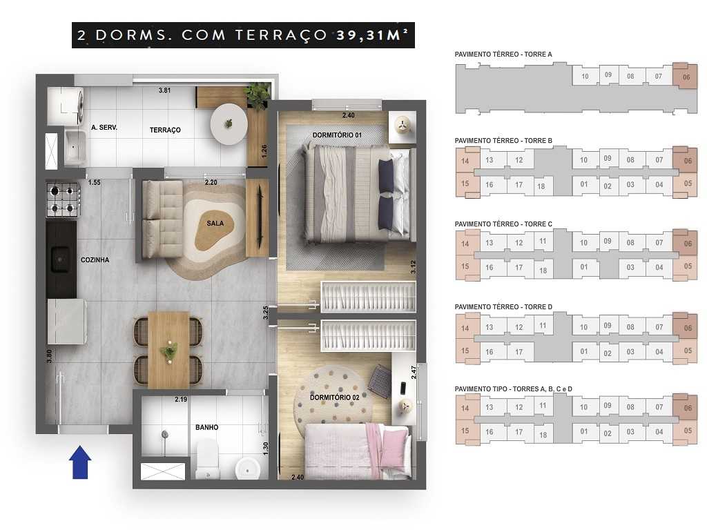 Planta - Apartamento 2 Dorms, Terraço, 39m, Lazer, zona oeste, Jaguare ao lado da USP, Financiamento Caixa - SBRX