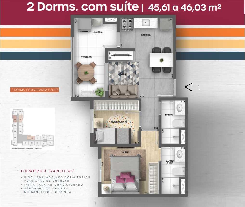Planta - Apartamento Campo Limpo, 2 Dorms, suite, Terraço e vaga. 45m. Lazer Completo. Ao lado do Shopping e Metro Campo Limpo. Financiamento Caixa. - SBRX