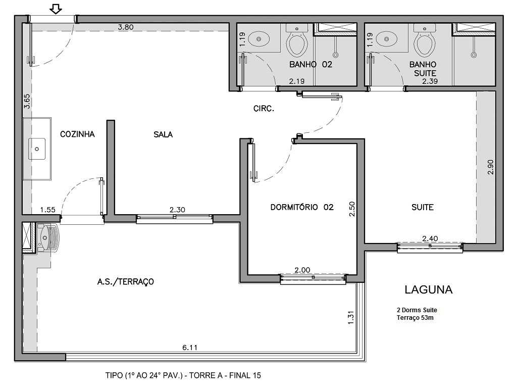 Planta - Apartamento, venda 2 dormitórios, suíte, amplo terraço, vaga de garagem e plantas inteligentes 53m². Financiamento Caixa - SBRX