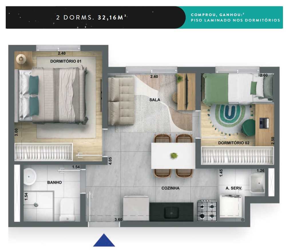 Planta - Apartamento 2 Dorms, 32m, Lazer, zona oeste, Jaguare ao lado da USP, Financiamento Caixa, Minha Casa Minha Vida - SBRX