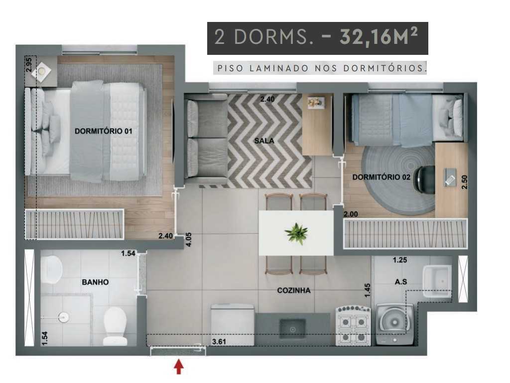 Planta - Apartamento à venda, 2 Domitorios, 32m². Lazer completo. Zona Oeste. São Paulo, Barra Funda. Financiamento Caixa. Minha Casa Minha Vida - SBRX