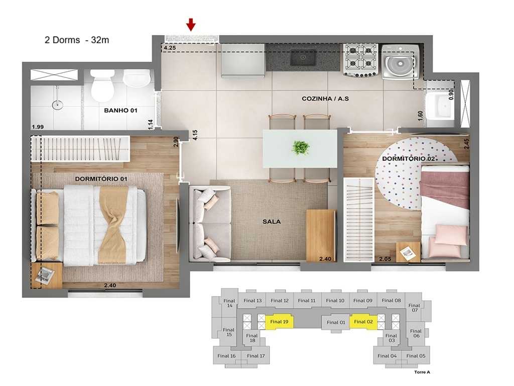 Planta - Chacara Santo Antonio, Apartamento, venda 2 dormitórios, 32m, lazer completo. Financiamento Caixa Minha Casa Minha Vida - SBRX