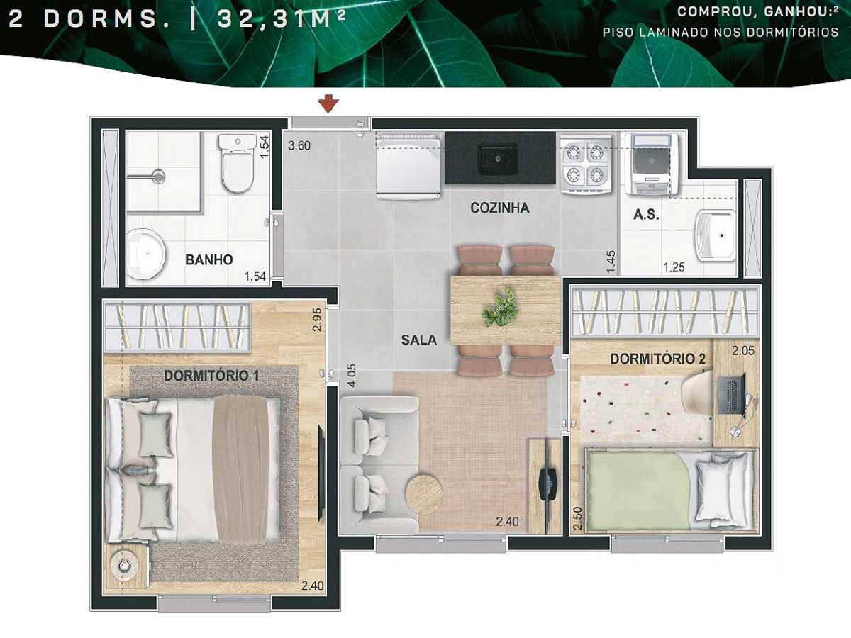 Planta - Apartamento 2 Dorms, 32m, Lazer Terreo e Cobertura. Estação João Dias. Chacara Santo Antonio, zona Sul. Fanaciamento Caixa - SBRX