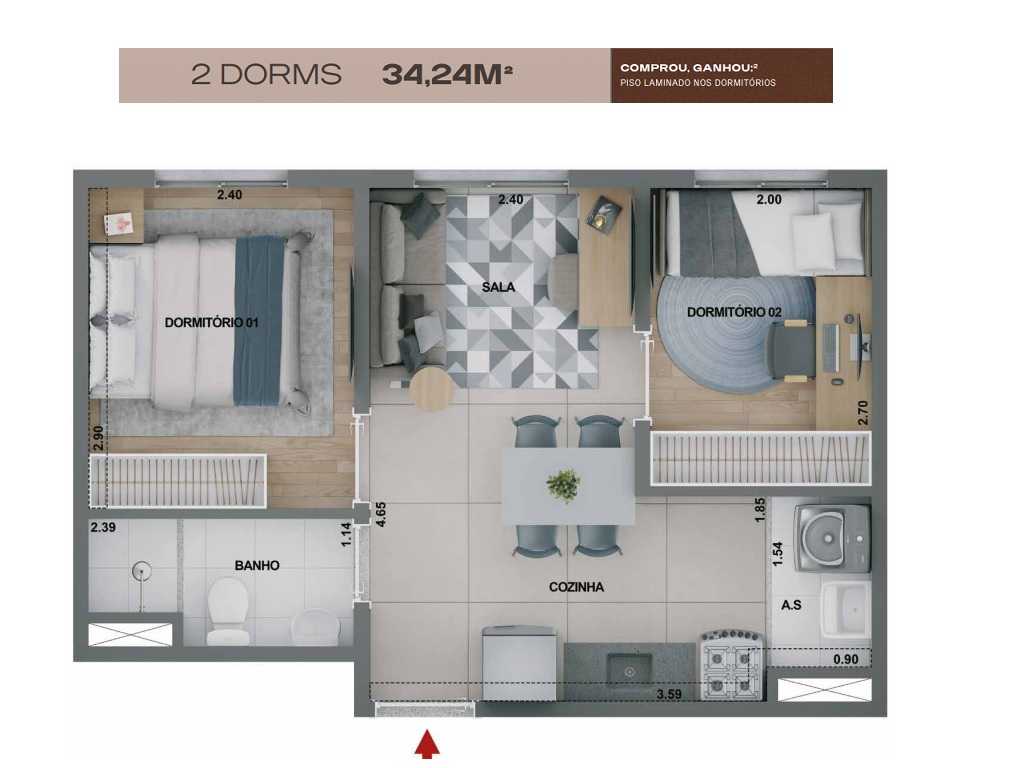 Planta - Bom Retiro. Apartamento 2 Dormitorios. 34m². Lazer Terreo e Cobertura. Financiamento Caixa. Ao lado Futura Estação Bom Retiro - SBRX