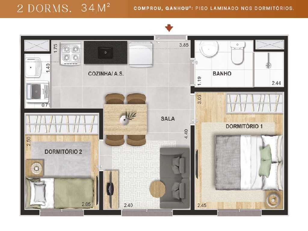 Planta - Apartamento 2 Dormitórios, Guarapiranga, Interlagos, zona sul. Lazer Terreo e Cobertura. Estação Socorro. Financiamento Caixa Minha Casa Minha Vida - SBRX