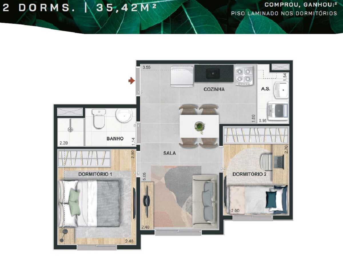 Planta - Apartamento 2 Dorms, 35m, Lazer Terreo e Cobertura. Estação João Dias. Chacara Santo Antonio, zona Sul. Fanaciamento Caixa - SBRX