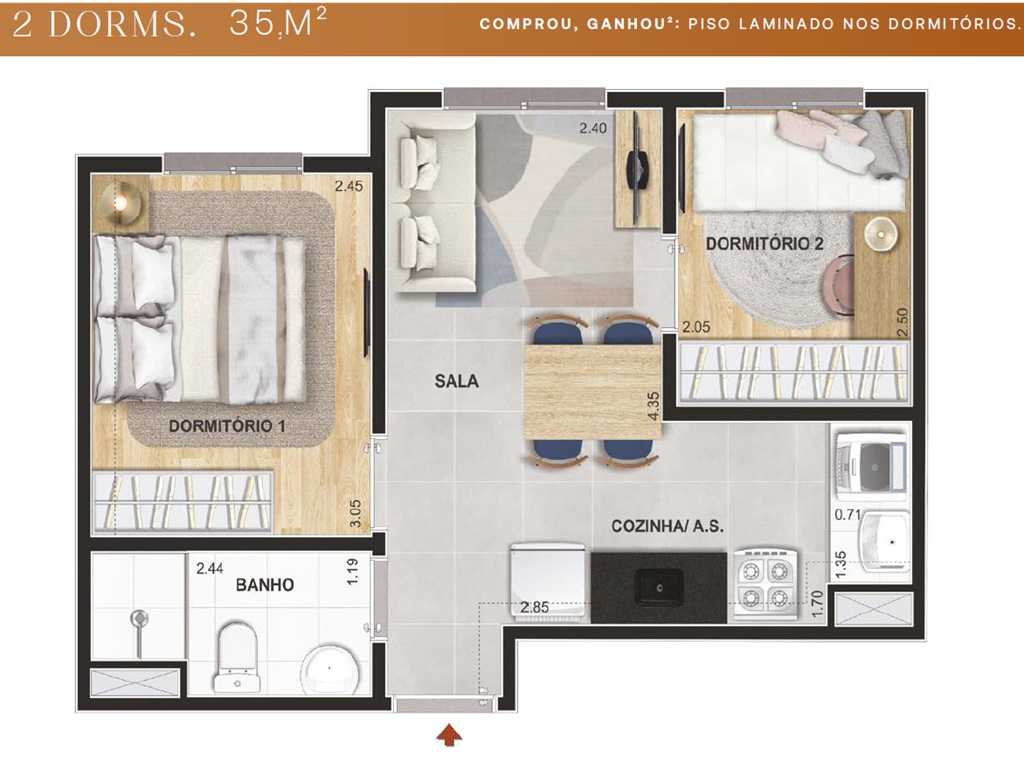 Planta - Apartamento 2 Dormitórios, Guarapiranga, Interlagos, zona sul. Lazer Terreo e Cobertura. Estação Socorro. Financiamento Caixa Minha Casa Minha Vida - SBRX