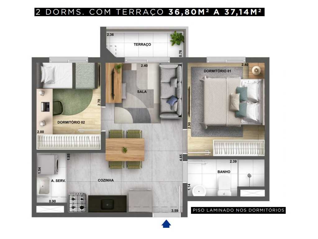 Planta - Apartamento 2 Dorms, terraço. 38m. Água Branca, Estação Santa Marina. Lazer terreo e rooftop.  Financiamento Caixa - SBRX