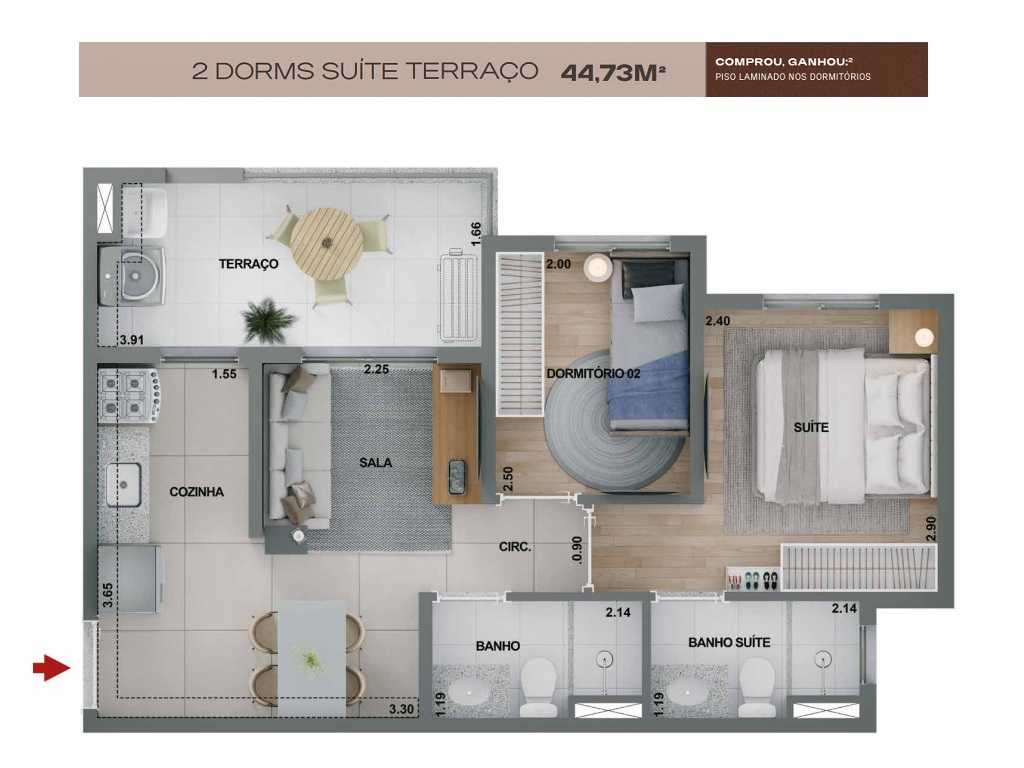 Planta - Bom Retiro. Apartamento 2 Dorms, Suite,Terraço e Vaga. 45m². Lazer Terreo e Cobertura. Financiamento Caixa. Ao lado Futura Estação Bom Retiro - SBRX