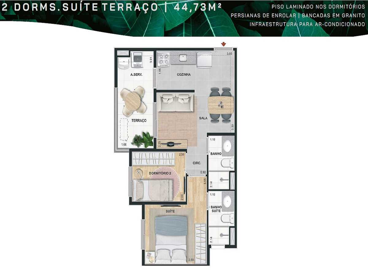 Planta - Apartamento 2 Dorms, Suite, Terraço e Vaga, 45m, Lazer Teereo e Cobertura. Ao lado Estação João Dias. Chacara Santo Antonio, zona Sul - SBRX