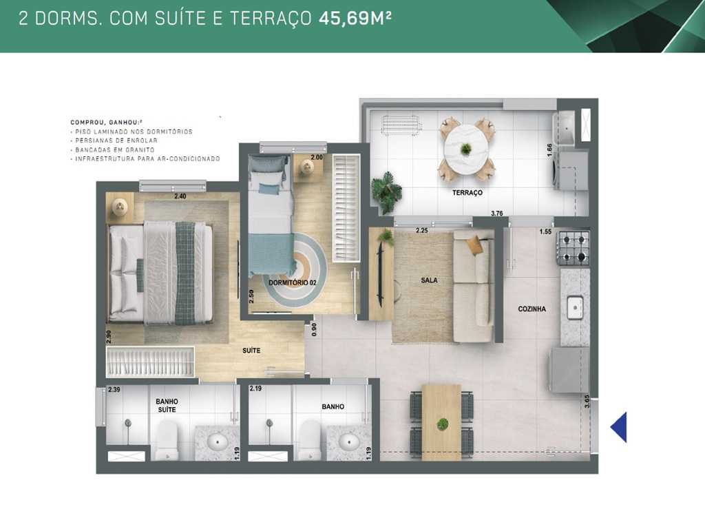 Planta - Apartamento à venda, 2 Dormitoris suite, terraço e Vaga. 46m². Ao lado do Metro. Água Branca, Barra Funda. Amplo lazer. Financiamento Caixa - SBRX