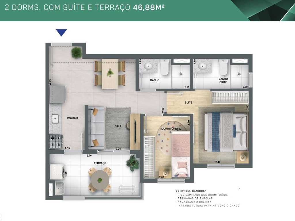 Planta - Apartamento à venda, 2 Dormitoris suite, terraço e Vaga. 47m². Ao lado do Metro. Água Branca, Barra Funda. Amplo lazer. Financiamento Caixa - SBRX