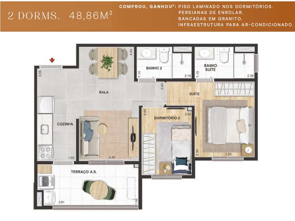 Planta - Apartamento 2 Dormitórios Suíte, Terraço e Vaga, 49m, Guarapiranga, Interlagos. Lazer Terreo e Cobertura. Próximo Estação Socorro. Financiamento Caixa - SBRX