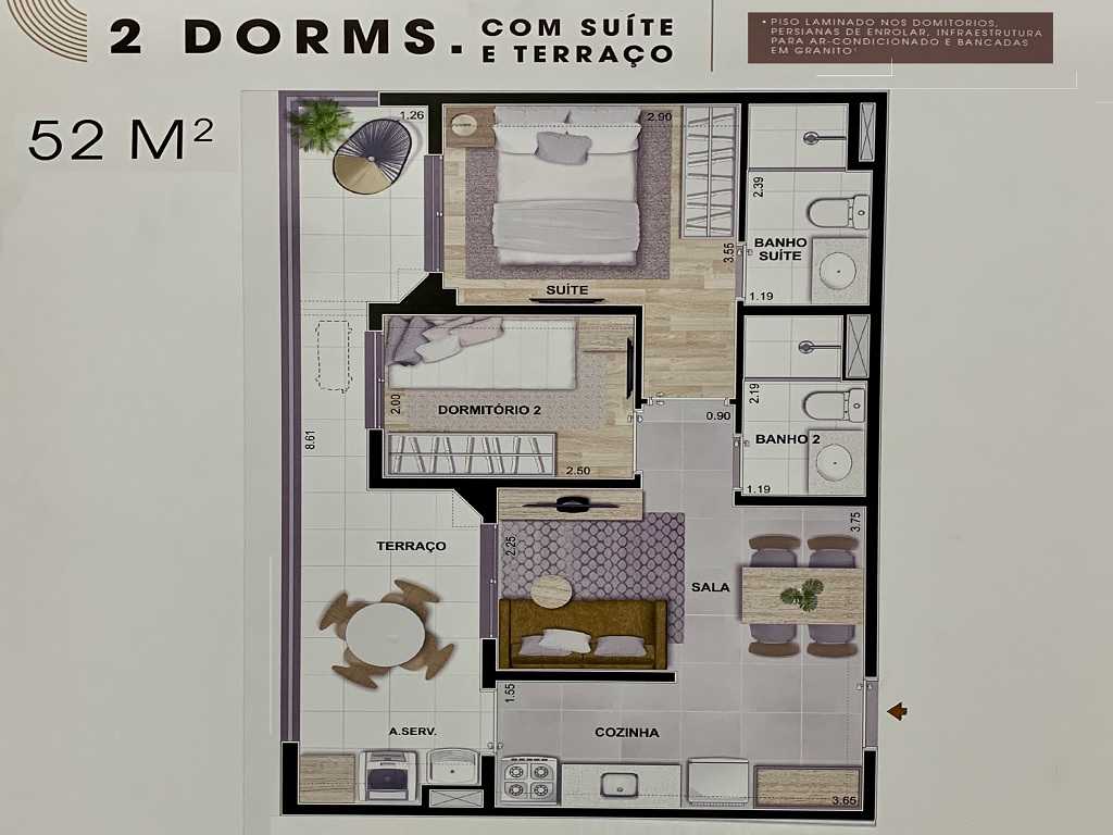 Planta - Apartamento 2 Dorms Suite Terraço e Vaga. 52m. Venda, Zona Oeste, Vila Romana, Pompeia,São Paulo. Proximo Metro  e Financiamento Caixa - SBRX