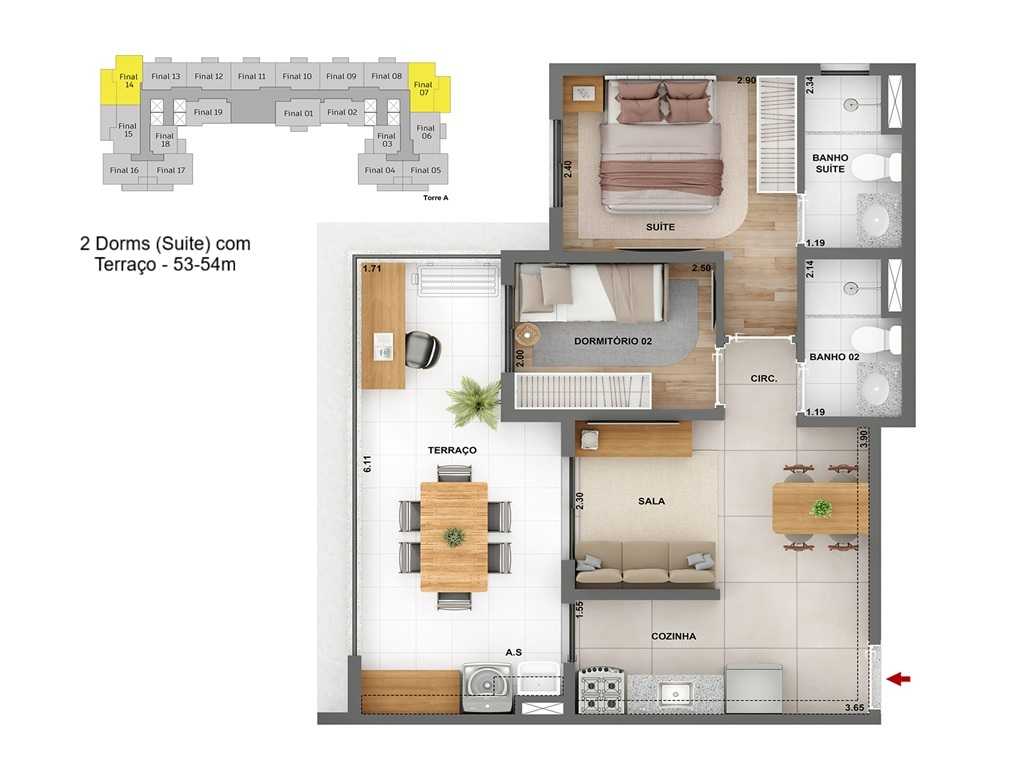 Planta - Apartamento, venda 2 dormitórios, suíte, amplo terraço, vaga de garagem e plantas inteligentes 53m². Financiamento Caixa - SBRX
