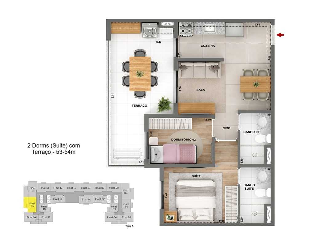 Planta - Apartamento, venda 2 dormitórios, suíte, amplo terraço, vaga de garagem e plantas inteligentes 53m². Financiamento Caixa - SBRX