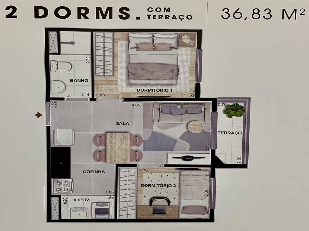 Planta - Apartamento 2 Dorms e Terraço. 37m. Venda, Zona Oeste, Vila Romana, Pompeia,São Paulo. Proximo Metro  e Financiamento Caixa - SBRX