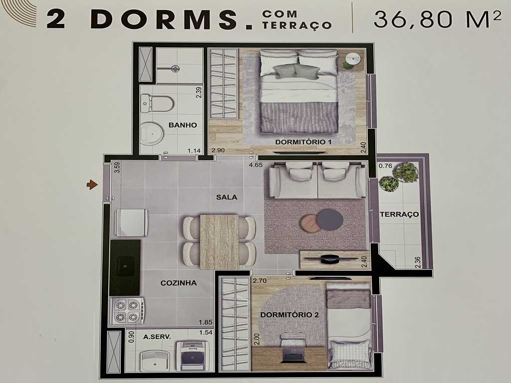 Planta - Apartamento 2 Dorms e Terraço. 37m. Venda, Zona Oeste, Vila Romana, Pompeia,São Paulo. Proximo Metro  e Financiamento Caixa - SBRX