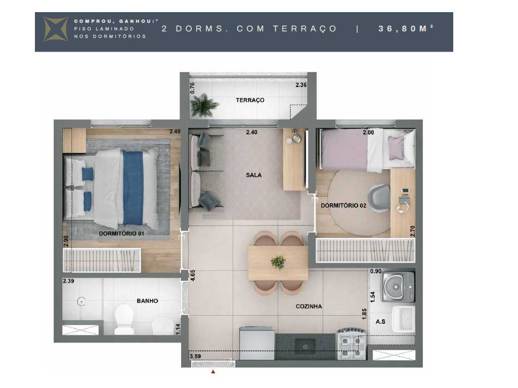 Planta - Apartamento à venda, Lapa 2 dormitórios e terraço. 37m, Vila Anastácio, lazer completo, próximo à EstaCPTM, financiamento Caixa. MCMV - SBRX