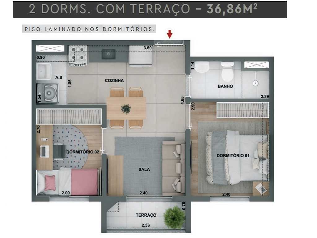 Planta - Apartamento à venda, 2 quartos, terraço, 37m². Lazer completo. Zona Oeste. São Paulo, Barra Funda. Financiamento Caixa. Minha Casa Minha Vida - SBRX