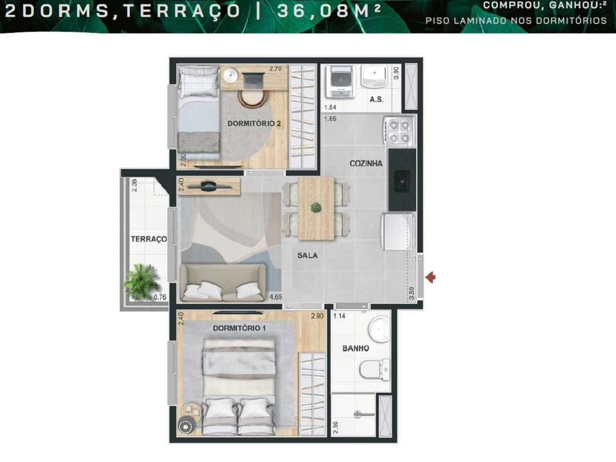 Planta - Apartamento 2 Dorms, Terraço, 37m, Lazer Terreo e Cobertura. Estação João Dias. Chacara Santo Antonio, zona Sul. Fanaciamento Caixa - SBRX