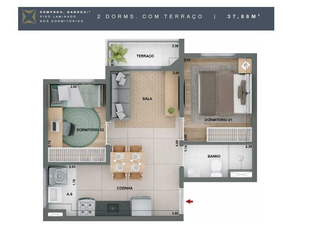 Planta - Apartamento à venda, Lapa 2 dormitórios e terraço. 38m, Vila Anastácio, lazer completo, próximo à EstaCPTM, financiamento Caixa. MCMV - SBRX