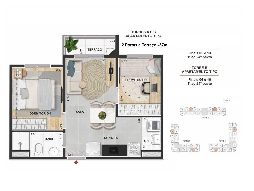 Planta - Apartamento 2 Dorms, Terraço e Vaga, 38m. Lazer Completo! Guarulhos, Ponte Grande. Ao lado da Futura Estação Metro Guarulhos. Financiamento Caixa - SBRX
