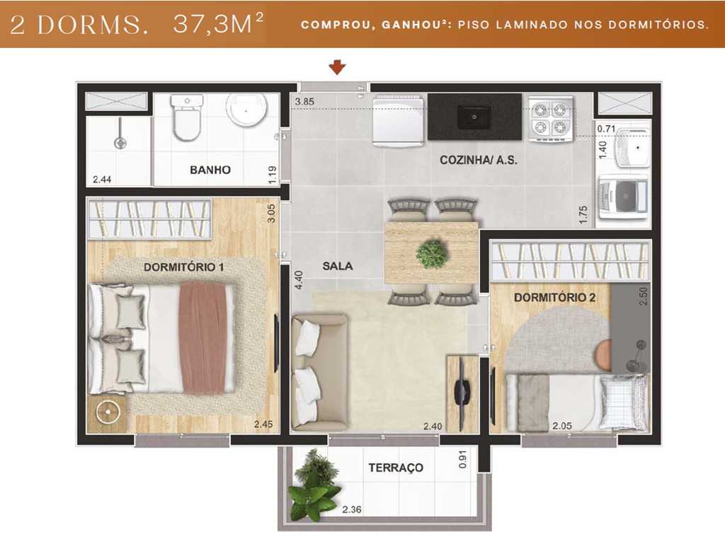 Planta - Apartamento 2 Dormitórios e Terraço, 37m, na Guarapiranga, Interlagos. Lazer Terreo e Cobertura. Próximo Estação Socorro. Financiamento Caixa - SBRX