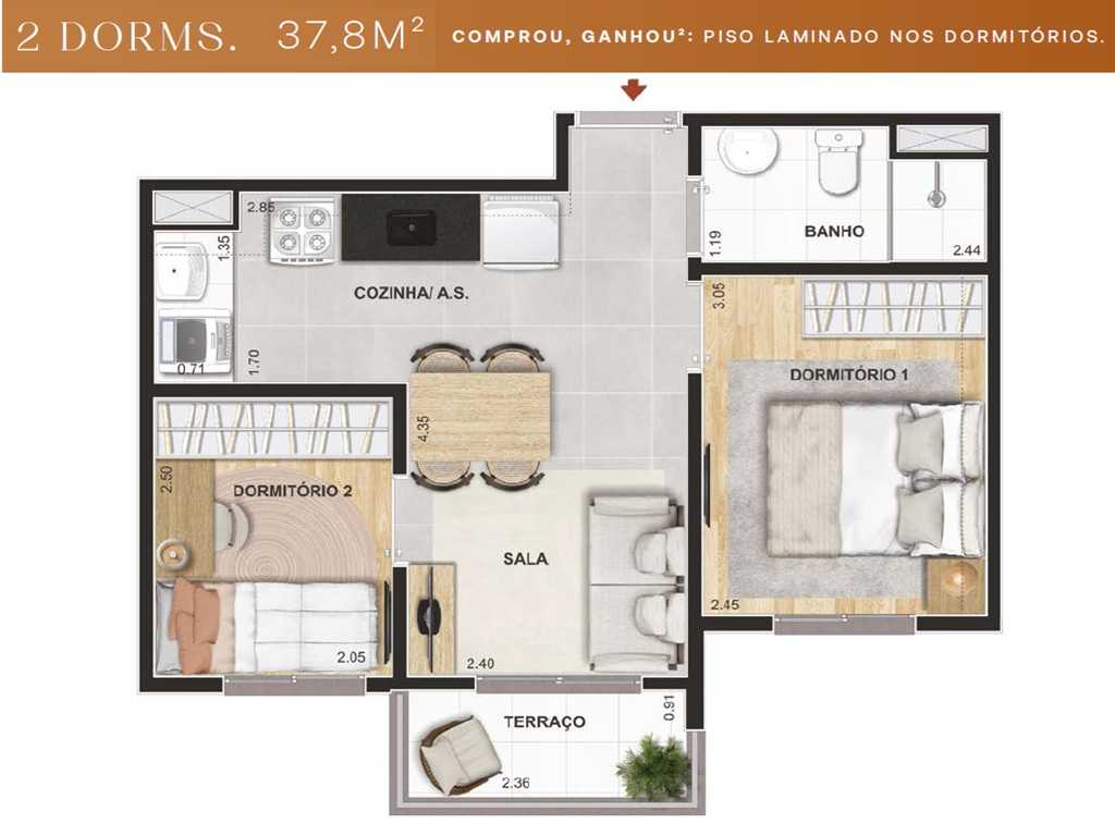 Planta - Apartamento 2 Dormitórios e Terraço, 37m, na Guarapiranga, Interlagos. Lazer Terreo e Cobertura. Próximo Estação Socorro. Financiamento Caixa - SBRX